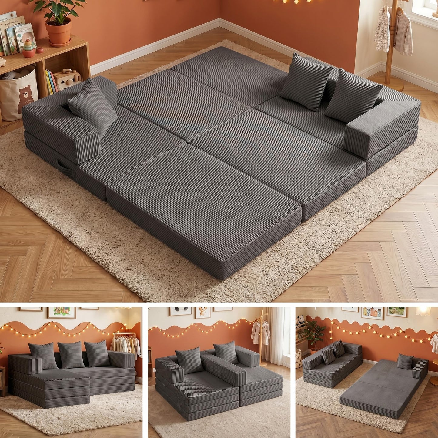feliz home 6-in-1 Tri-Folding Mattress | Cloud Boneless L-Shaped Modular Sectional Couches | Corduroy Pet-Friendly Convertible Futon Sofa Bed with 800LB Capacity Apartment, Guest Room, Game Room