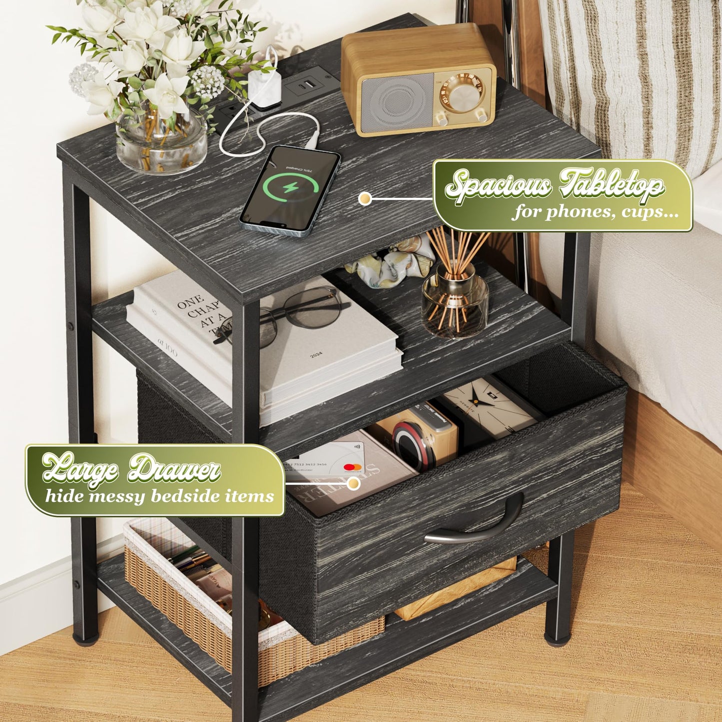 SUPERJARE Nightstand with Charging Station, Bed Side Table with Adjustable Fabric Drawer, Night Stand for Bedroom, 3-Tier Storage End Table, for Living Room, Charcoal Black Wood Grain Print