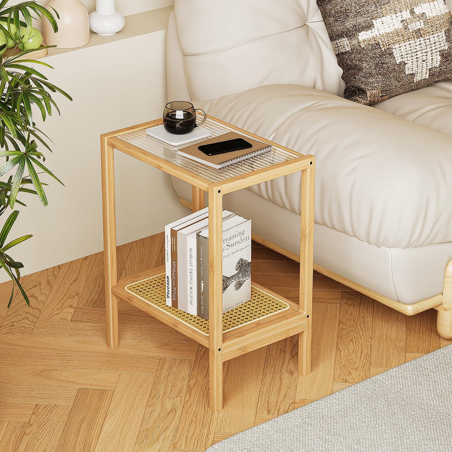 Bamworld Side Table Nature Rattan Night Stand Glass End Table 2-Tier with Storage Boho Bedside Table for Small Spaces Bamboo Coffee Table for Bedroom Living Room
