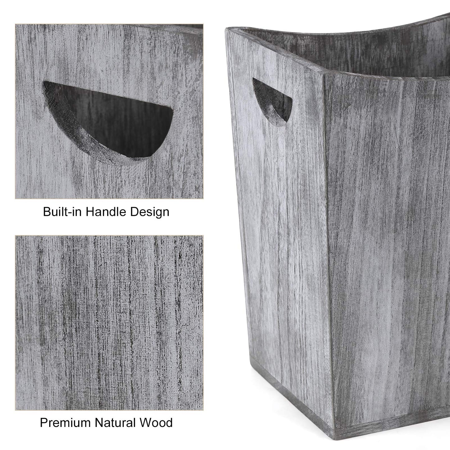 BTY Farmhouse Wooden Trash Can, Small Square Wastebasket Garbage Container Bin Holder, Rustic Torched Home Kitchen Office Trash Cans with Handle for Living Room, Dorm - Gray Green