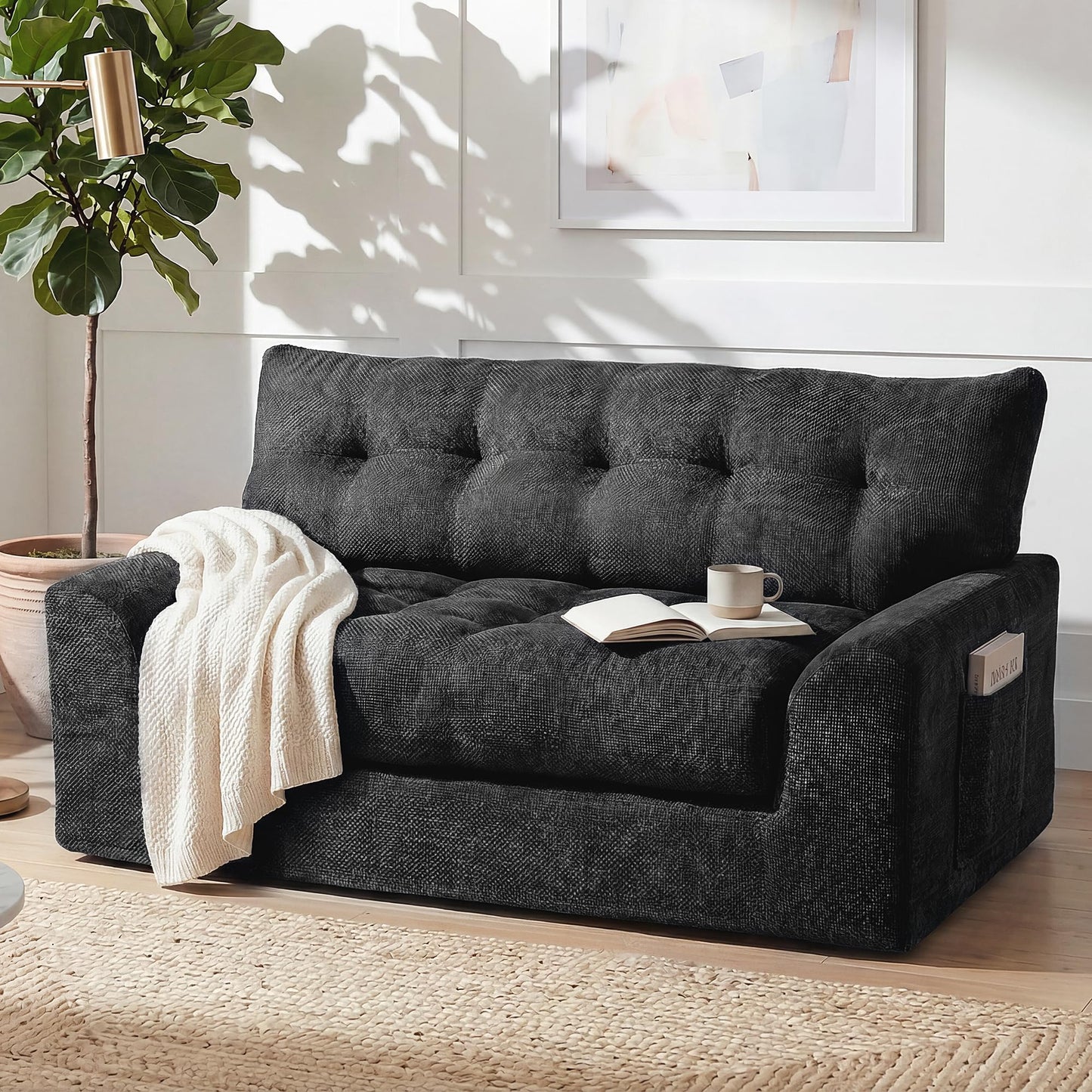 MONVANE 55.5" Convertible Loveseat Sofa Bed, 2-in-1 Boneless Sleeper Sofa Couch with Storage Pocket, Comfy Chenille Deep Seat Couch for Living Room, No Assembly Required, Black