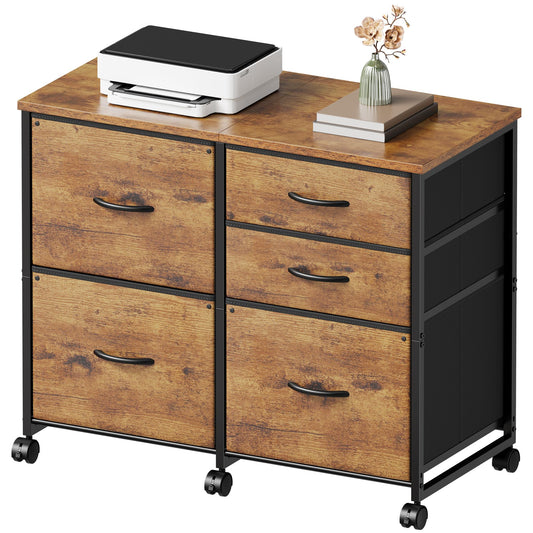 YeTom Lateral File Cabinet with 5 Drawers Rolling Filing Cabinets Under Desk Storage Printer Stand with Wheels,Mobile File Cabinet for Home Office,Rustic Brown