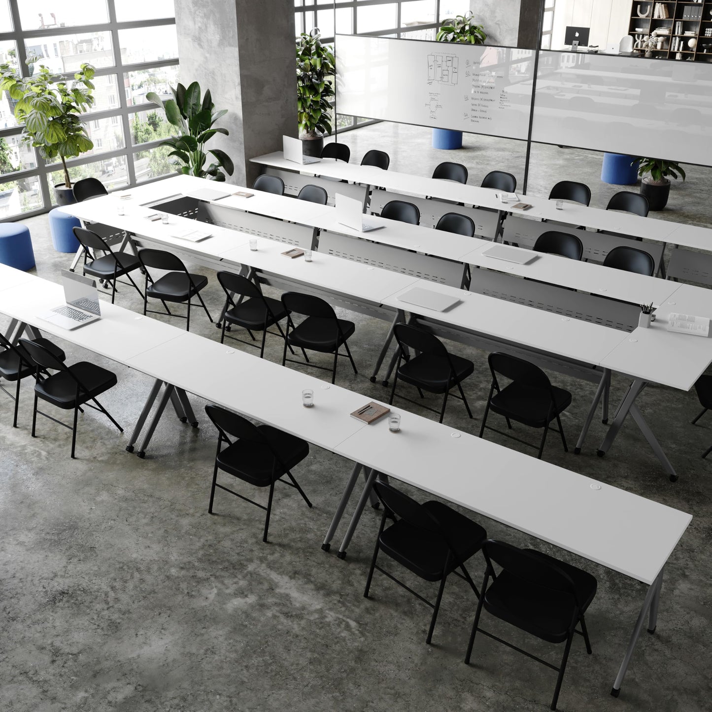 BizChair Commercial Grade 72" x 24" Heavy-Duty Nesting Flip Training Table with Y-Legs, Modesty Panel, 1" Thick White Tabletop, and Gray Steel Frame