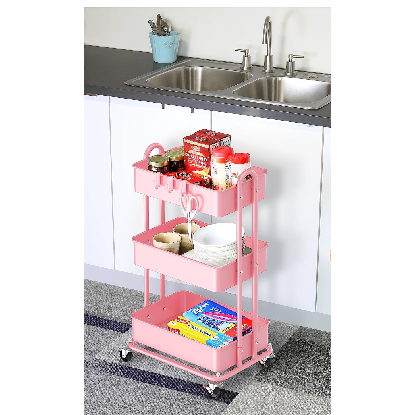 Simple Houseware 3-Tier Heavy Duty Metal Utility Rolling Cart, Pink