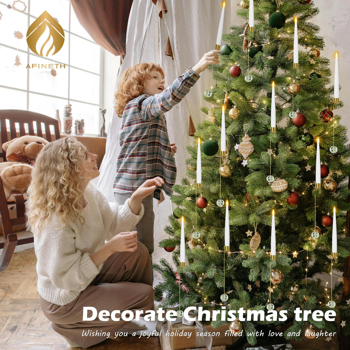 Christmas Tree Candles with Remote, 12 Pack Battery Operated Christmas Candles, LED Candlesticks for Xmas Tree Decoration, Flickering Flameless Candle for Home, Party Decor with Crystal Ball Hooks