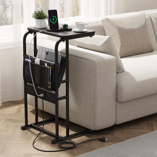 Olldide C-Shaped End Table with Charging Station and Storage Bag, Slide Under Couch Sofa Side Table, Metal Frame for Living Room, Bedroom, Small Space (Black)
