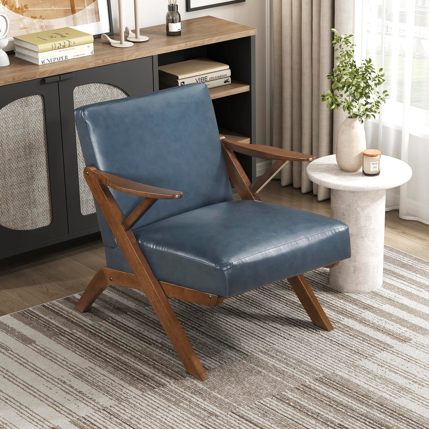 Lexicon Mid Century Modern Accent Chair, Faux Leather Upholstered Lounge Seat, Brown Finish Solid Wood Framed Comfy Side Chair for Living Room/Bedroom/Office/Waiting Area, Blue