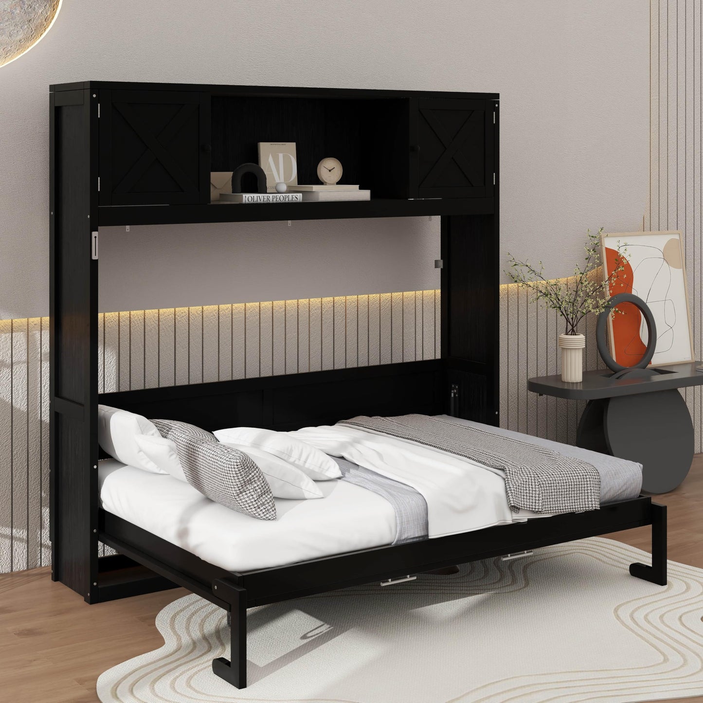 YunNianYang Full Size Black Murphy Bed with Storage Cabinets