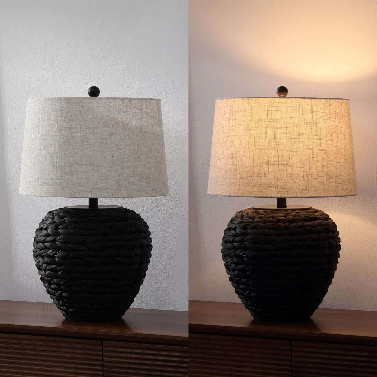 JONATHAN Y 24.5" Black Water Hyacinth Farmhouse Basket Table Lamp, Coastal Decor for Living Room Bedroom Nightstand, Light Gray Linen Shade, LED Bulb Included (JYL6501D)