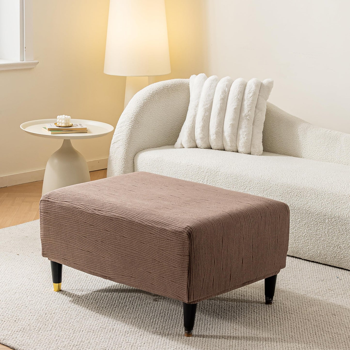 KaviKon Ottoman Cover Slipcover Rectangle Fit Length 25"-30" Stretch Foot Stool Slip Cover, Footrest Slipcovers Protector with Elastic Band, Ottoman Cover Removable Washable(Small,Slanted Rib Coffee)