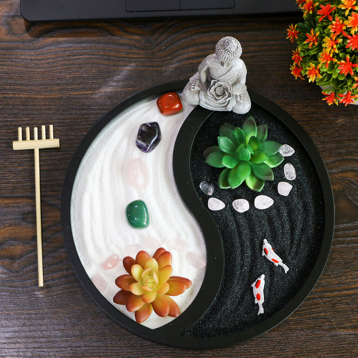 BangBangDa Buddha Meditation Zen Garden Kit - Home Office Tabletop Taiji Yin Yang Sand Garden Altar Zen Decor Zen Gifts DIY Mini Chakra Crystal Quartz Rock Garden w/Nature Healing Stone Rake Tool
