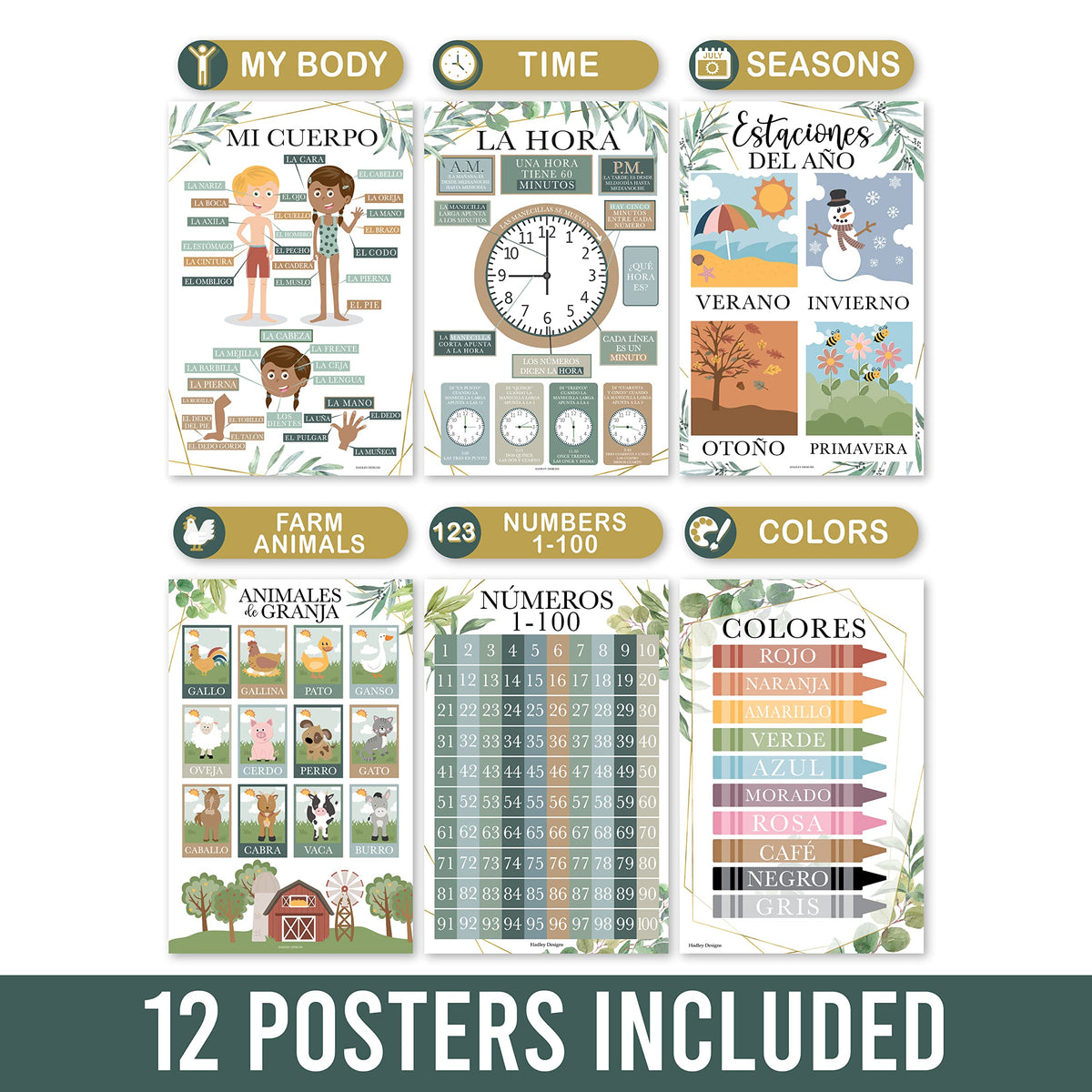 Hadley Designs Spanish Posters for Classroom - 12 Bilingual Educational Posters for Spanish Classroom Decorations Must Haves, Calendario y Alfabeto en Español Para la Pared, Greenery Teacher Supplies