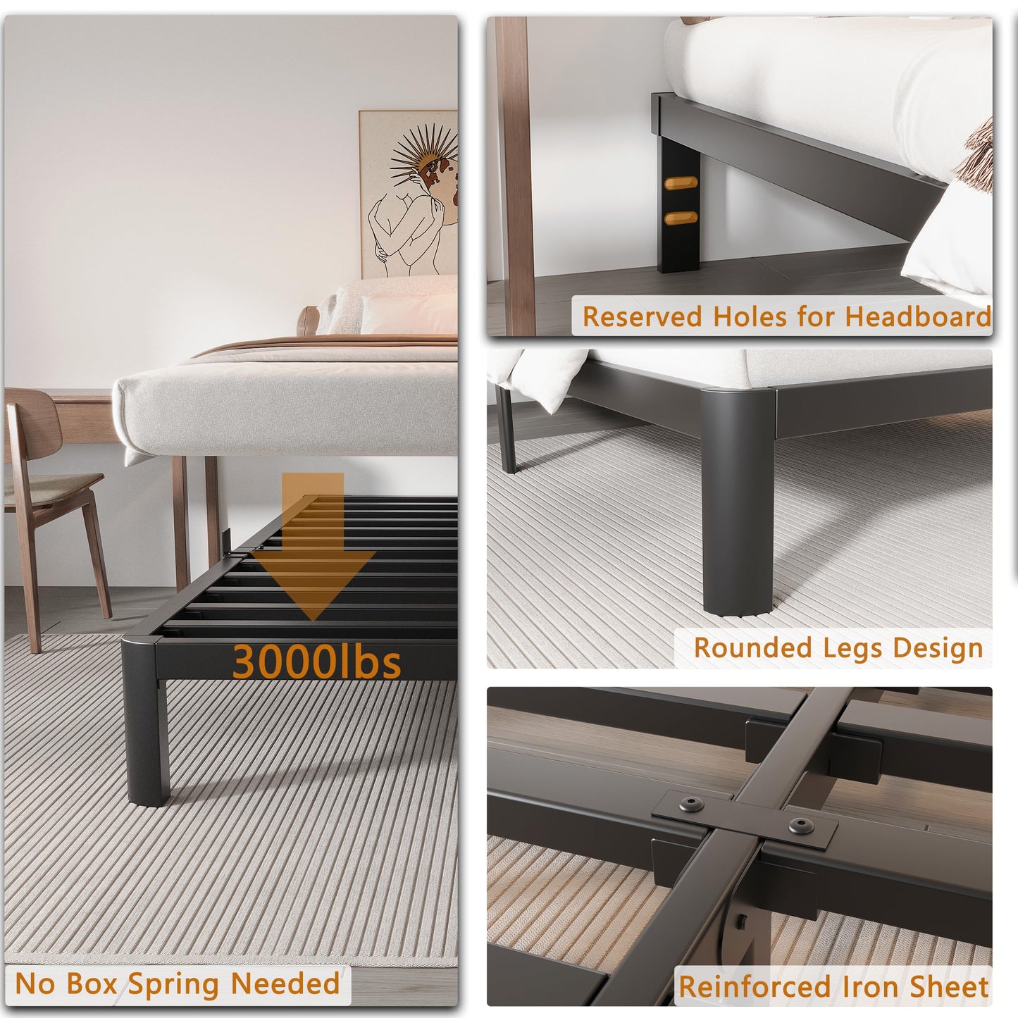 KZZLOL Full Size Bed Frame, 10 Inch Low Full Bed Frame No Box Spring Needed with Mattress Stoppers, DIY Headboard, Heavy Duty Steel Support 3000 LBS, Rounded Legs, Easy Assembly, Noiseless, Black