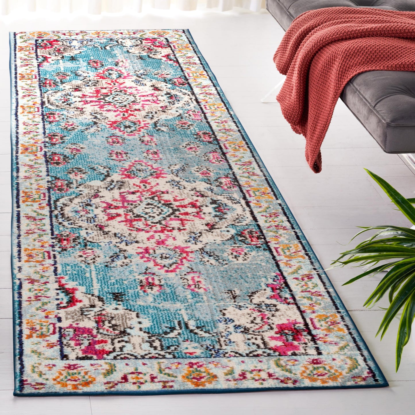 SAFAVIEH Monaco Collection Runner Rug - 2'2" x 14', Light Blue & Fuchsia, Non-Shedding & Easy to Clean, Distressed Medallion Design, Ideal for Hallway, Foyer, Entryway, Kitchen, Bedroom (MNC243J)