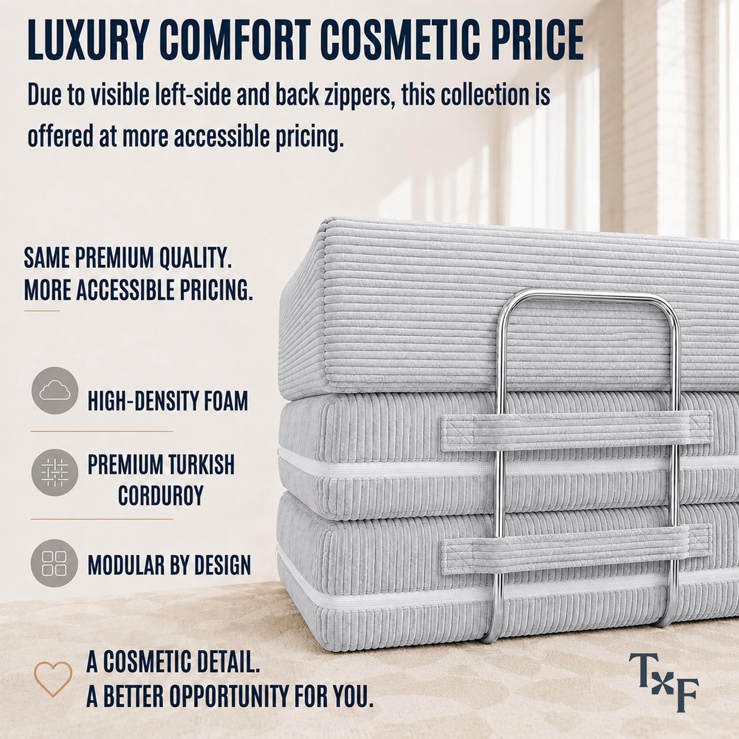 Boneless Couch Sofa Bed - 82" Modular Corduroy Convertible Sleeper Sofa for Living Room – 3 Seater Folding Couch Bed, Pet-Friendly Removable Washable Covers, CertiPUR-US Foam | Tuft&Finch - Light Grey