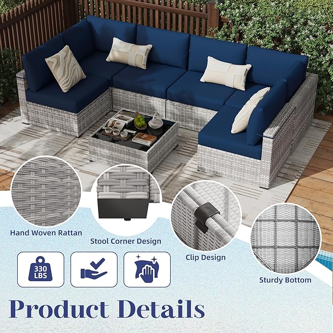 KIGOTY Patio Furniture Set, 7 Pieces Modular Outdoor Sectional Sofa, PE Rattan