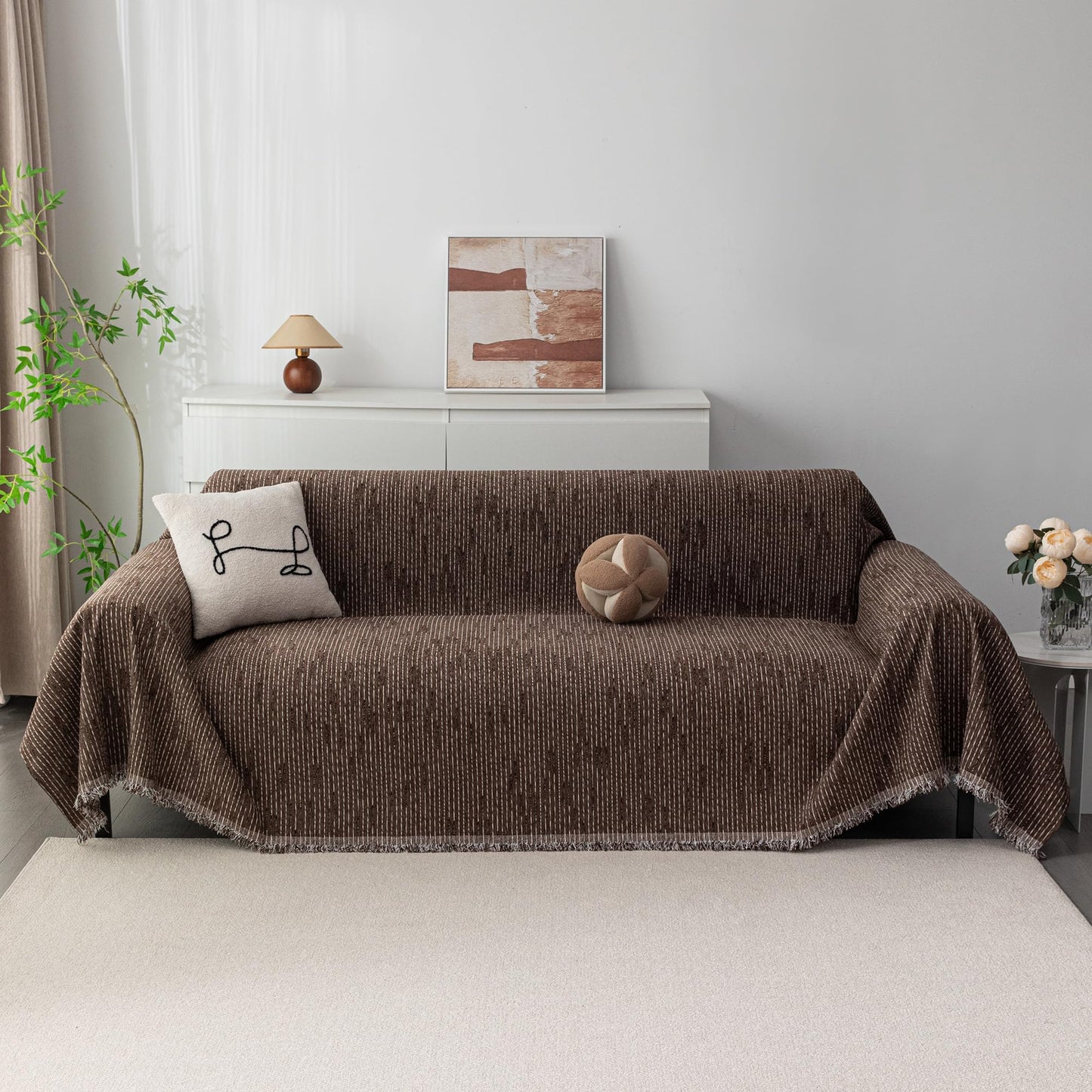MYSKY HOME Loveseat Cover Deep Chocolate Couch Cover Sectional Couch Covers for 2 Cushion Couch Sofa Thick Universal Chenille Sofa Cover with Tassel Durable Furniture Protector for Dogs 91" x 118"