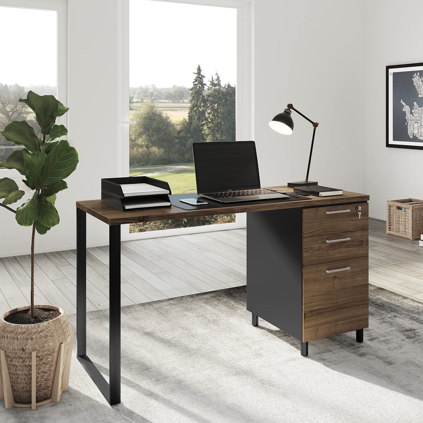 Modern Design Milano Office Computer Desk with 3 Locking Drawers, 48 Inch Walnut and Black Industrial Wood Desk with Filing Drawer and Storage By Crafts and Comfort