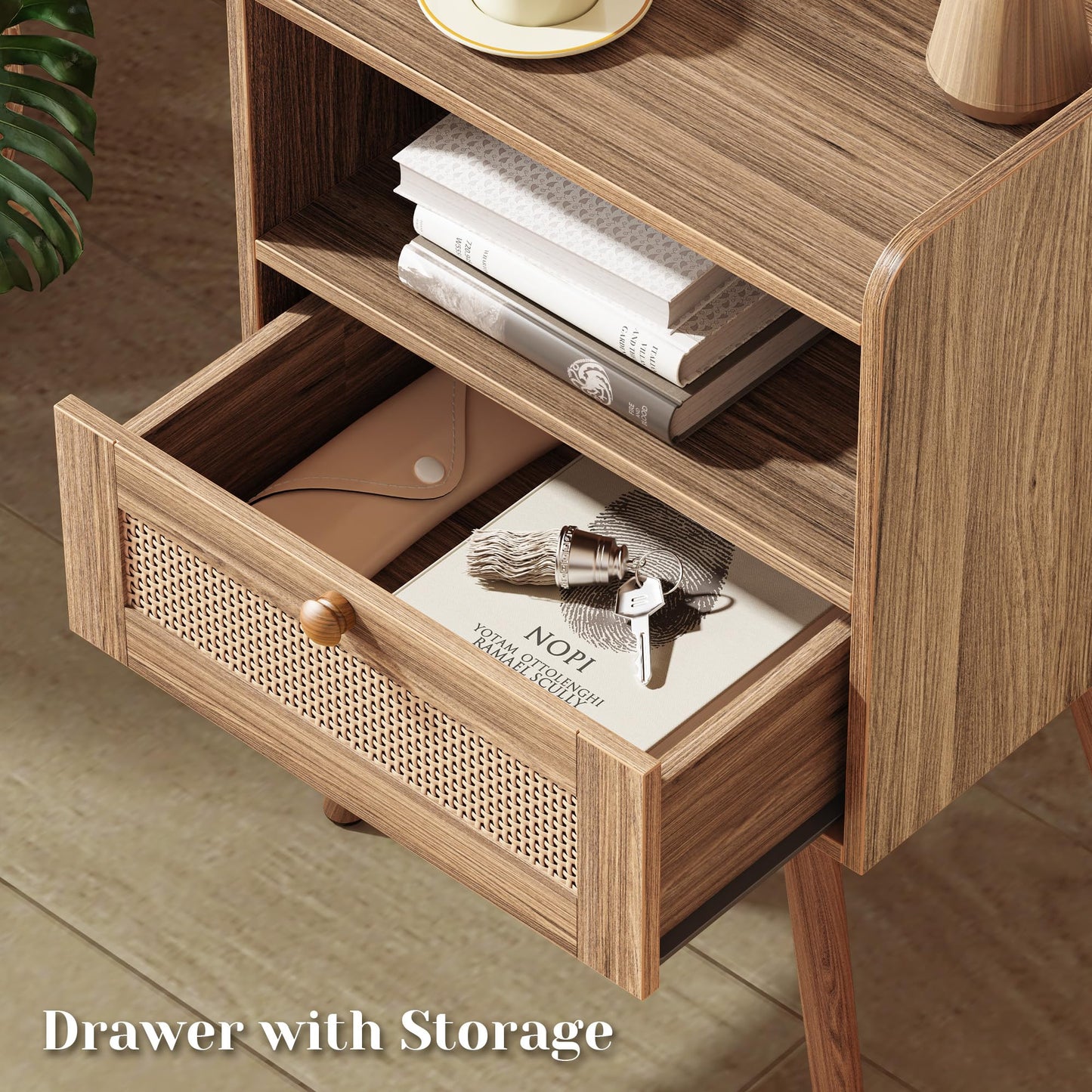 SUPERJARE Nightstand with Charging Station & Rattan-Like Decor Drawer, Rattan End Table with Solid Wood Feet, Bed Side Table with Open Storage, for Bedroom, Living Room, Dormitory, Walnut