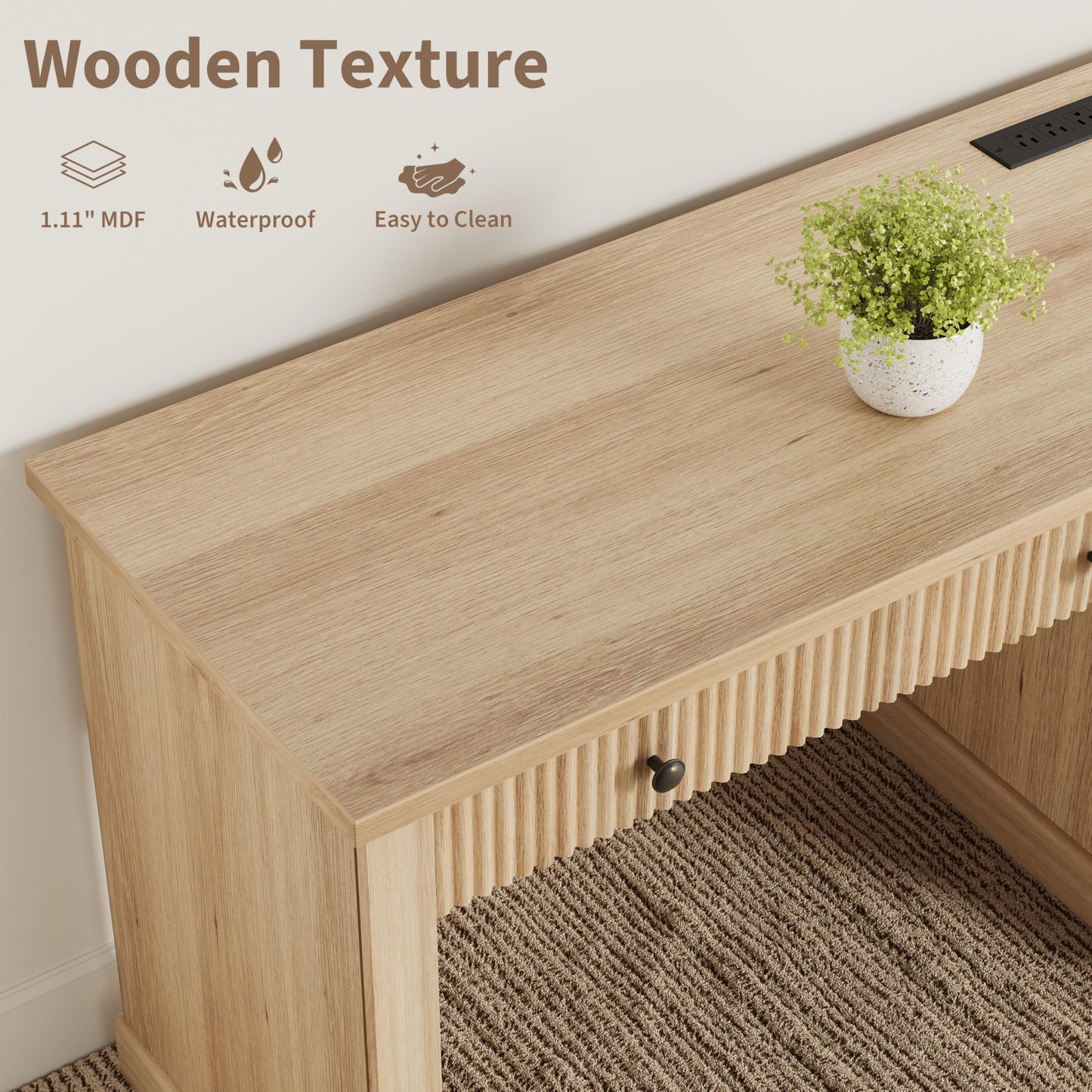IDEALHOUSE 54 Inch Modern Executive Desk with Charging Station, USB-C/A & 6.56ft Cord - Fluted Office Desk with File Drawers, Computer Desk for Home Office, Burlywood