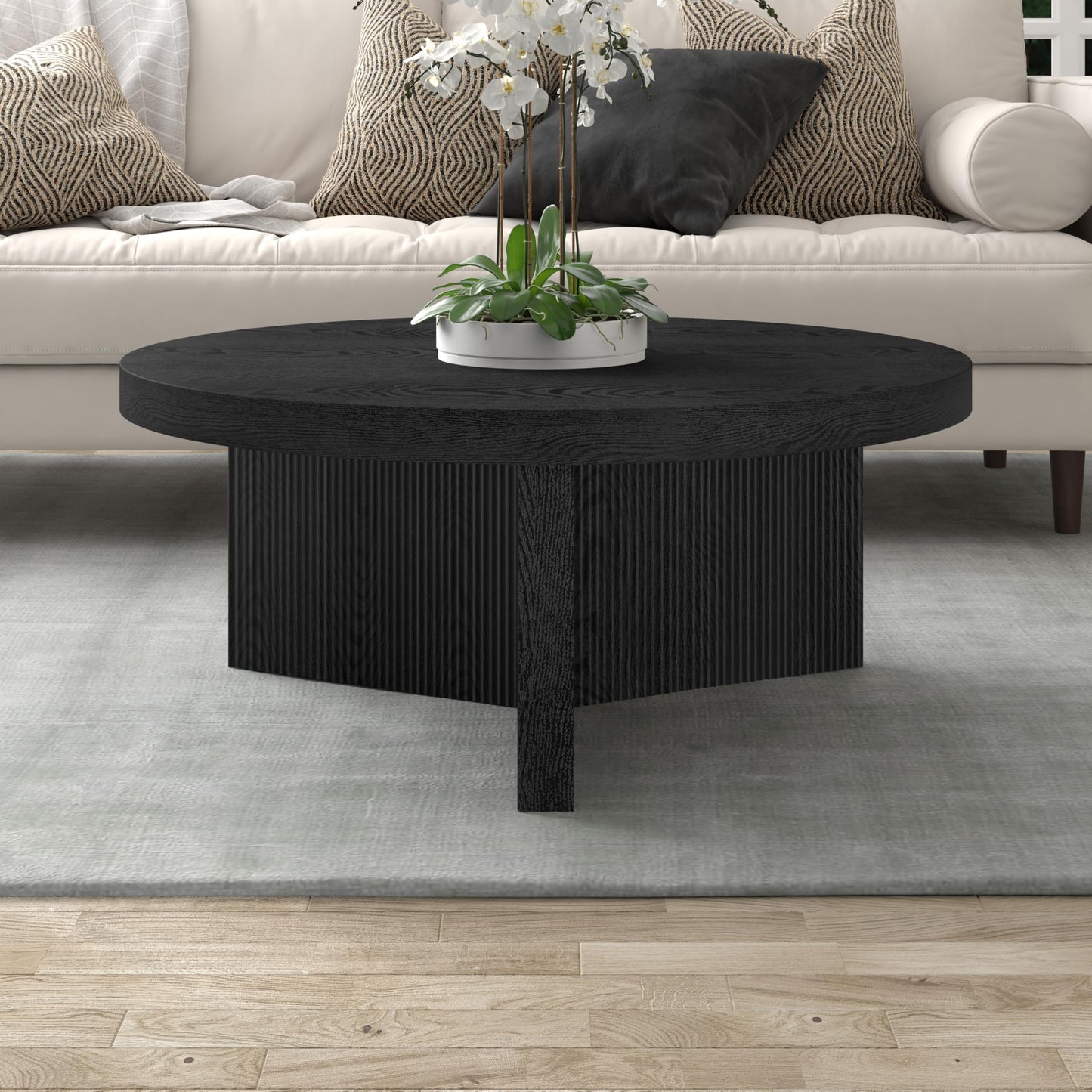 Henn&Hart 36" Fluted Round Low-Profile Coffee Table with Ribbed Pedestal Base for Living Room, Family Room, or Office, Natural Black