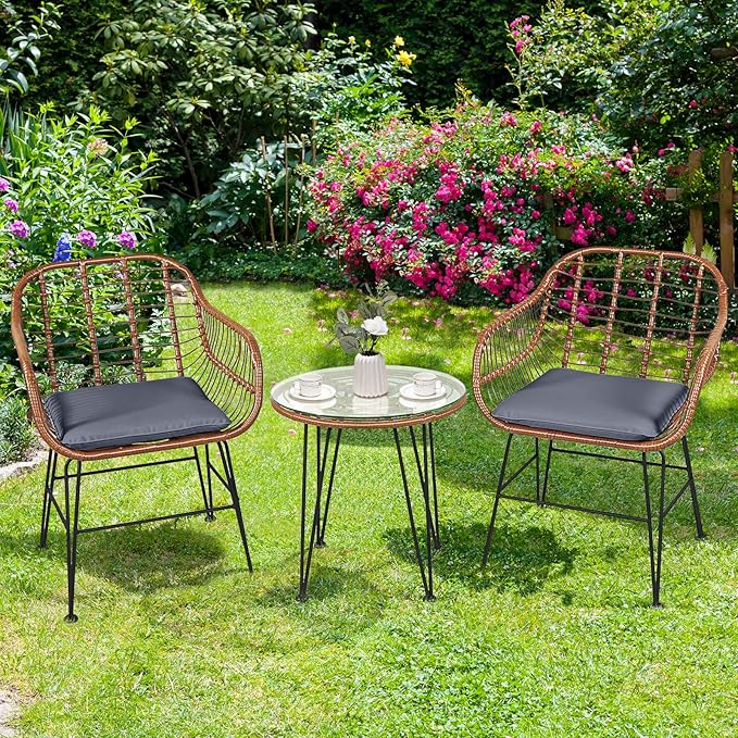 Tangkula 3 Pieces Patio Conversation Bistro Set, Outdoor Wicker Furniture