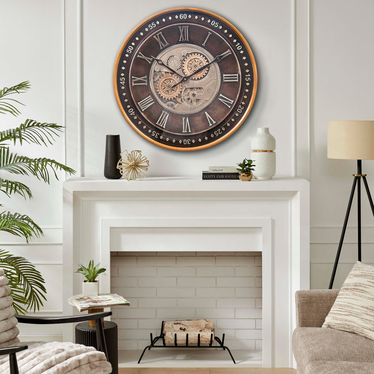 CLXEAST 24 Inch Wall Clock with Moving Gears,Oversized Large Industrial Steampunk Style, Antique Gold Metal Roman Numeral Wall Clocks for Farmhouse Living Room Decor