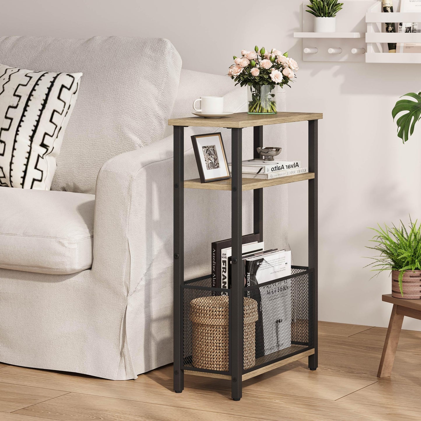 MMEOLUOOK Narrow Side Table with Storage Basket Skinny End Tables for Smalls Spaces 3 Tier Sofa Table Small Nightstand Slim Bedside Table for Living Room Bedroom Greige MLBZ22GR