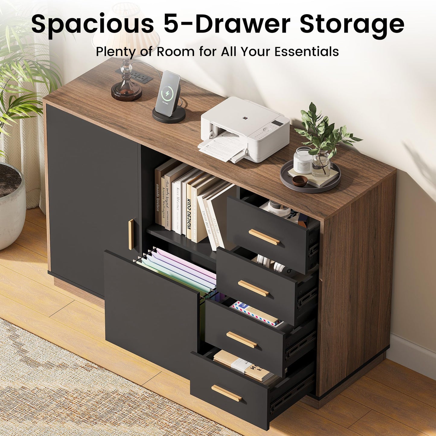 ModernMate File Cabinet with 5 Drawer & Charging Station, 47.2" Office Storage Cabinet with Door & Adjustable Shelves, Printer Stand with Open Shelf for Home Office, Fits A4/Letter Size, Black Walnut