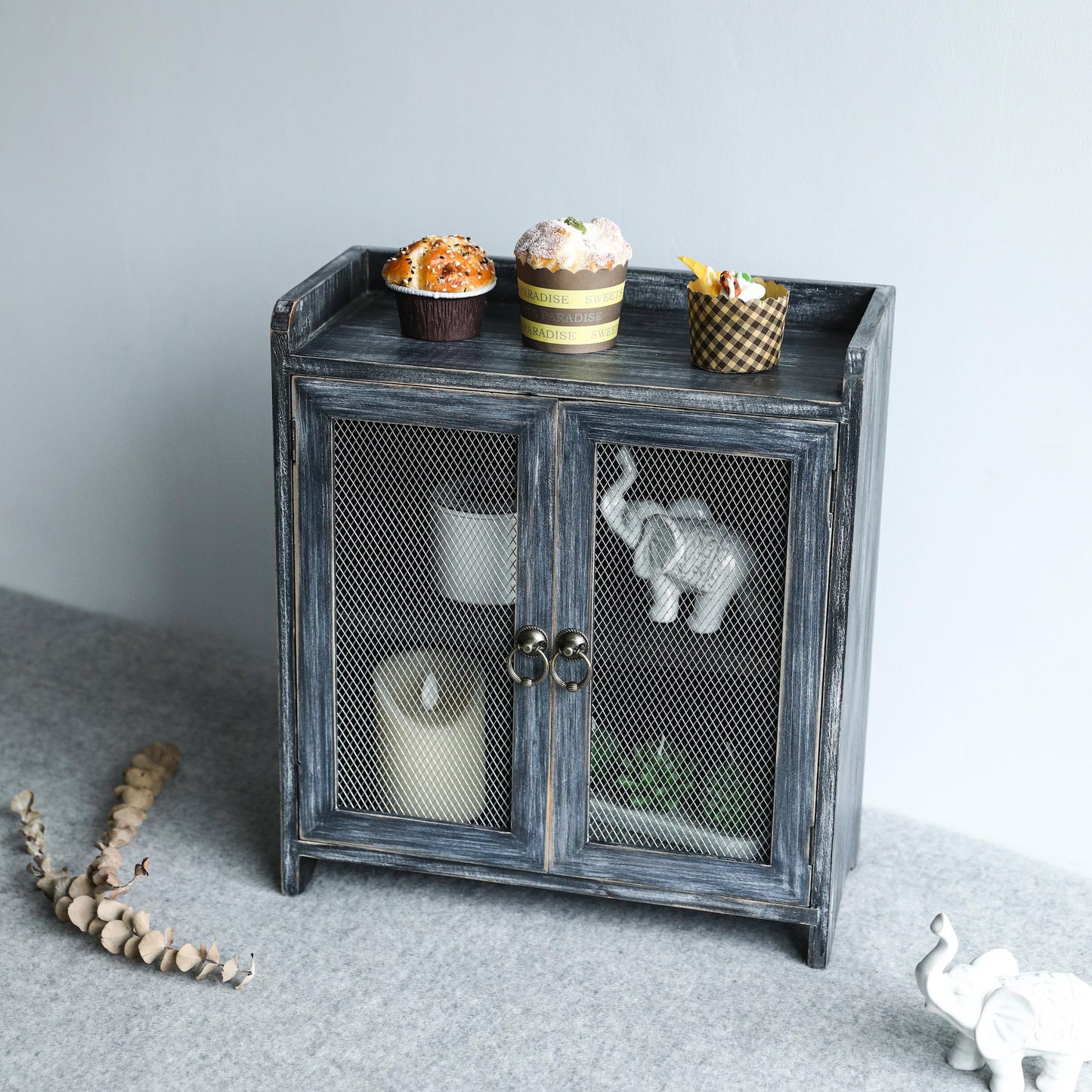 COLLECTIVE HOME - Storage Cabinet, Mini Countertop Cabinet, Wood Organizer for Bedroom Kitchen with Magnetic Door, Storage for Spice Jars, 14.5 x 6.5 x 10 (Grey) (15.75")