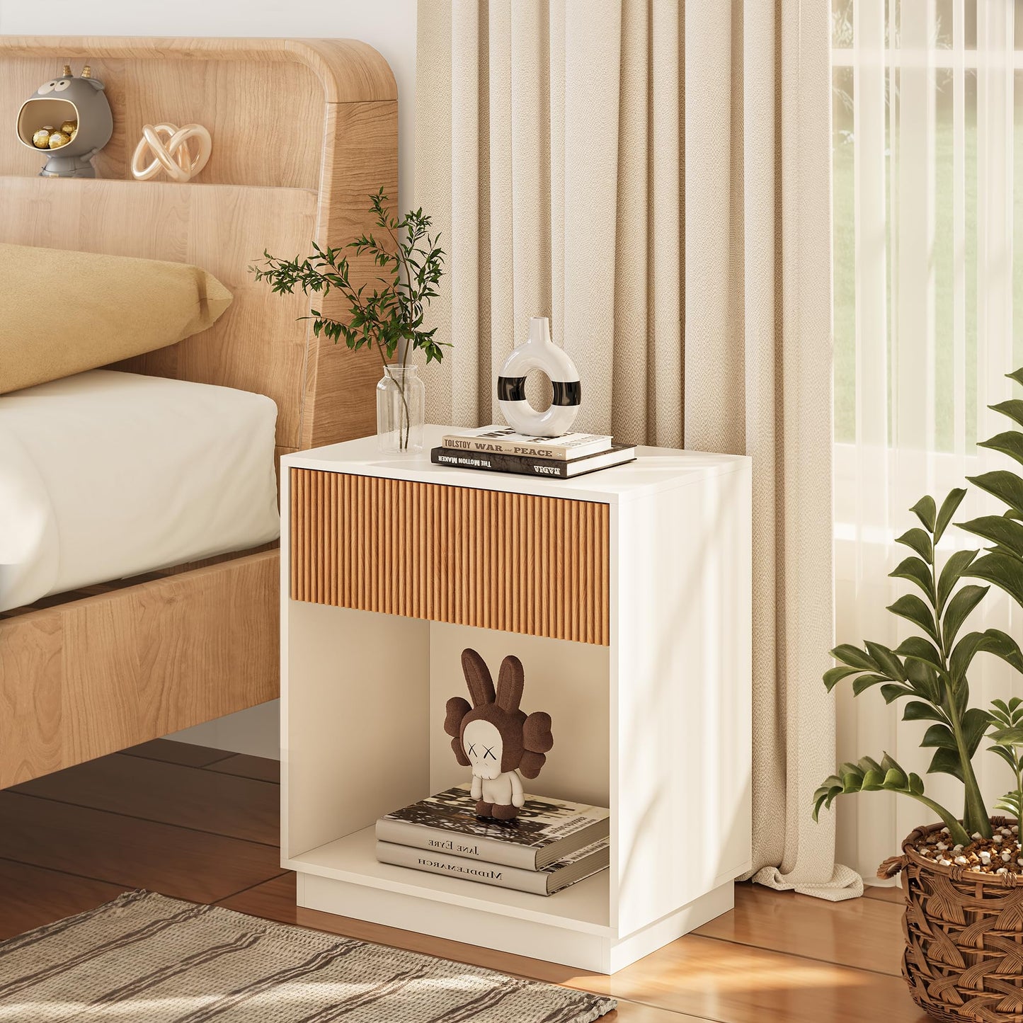 Fluted Nightstands Set of 2, Modern Bedside Table with Storage Drawer and Open Wood Shelf, Wood End Table Mid Century Night Stands for Bedroom Living Room Sofa Couch Office White & Oak
