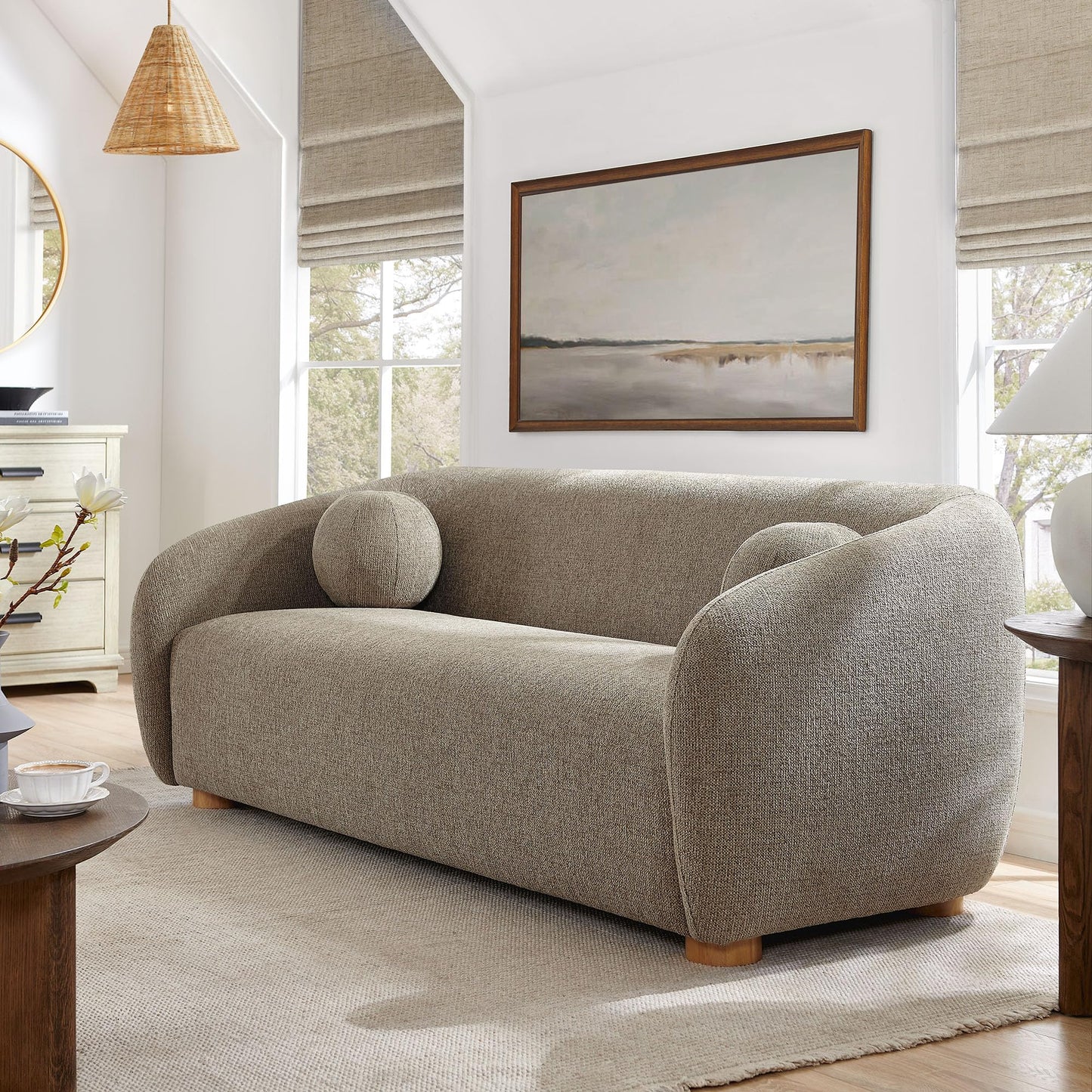 Modway Holland 85 Inch Minimalist Curved Back Sofa in Taupe – Chenille Fabric Sofa with Ball Throw Pillows and Wood Feet – Modern 3-Seater Couch for Living Room