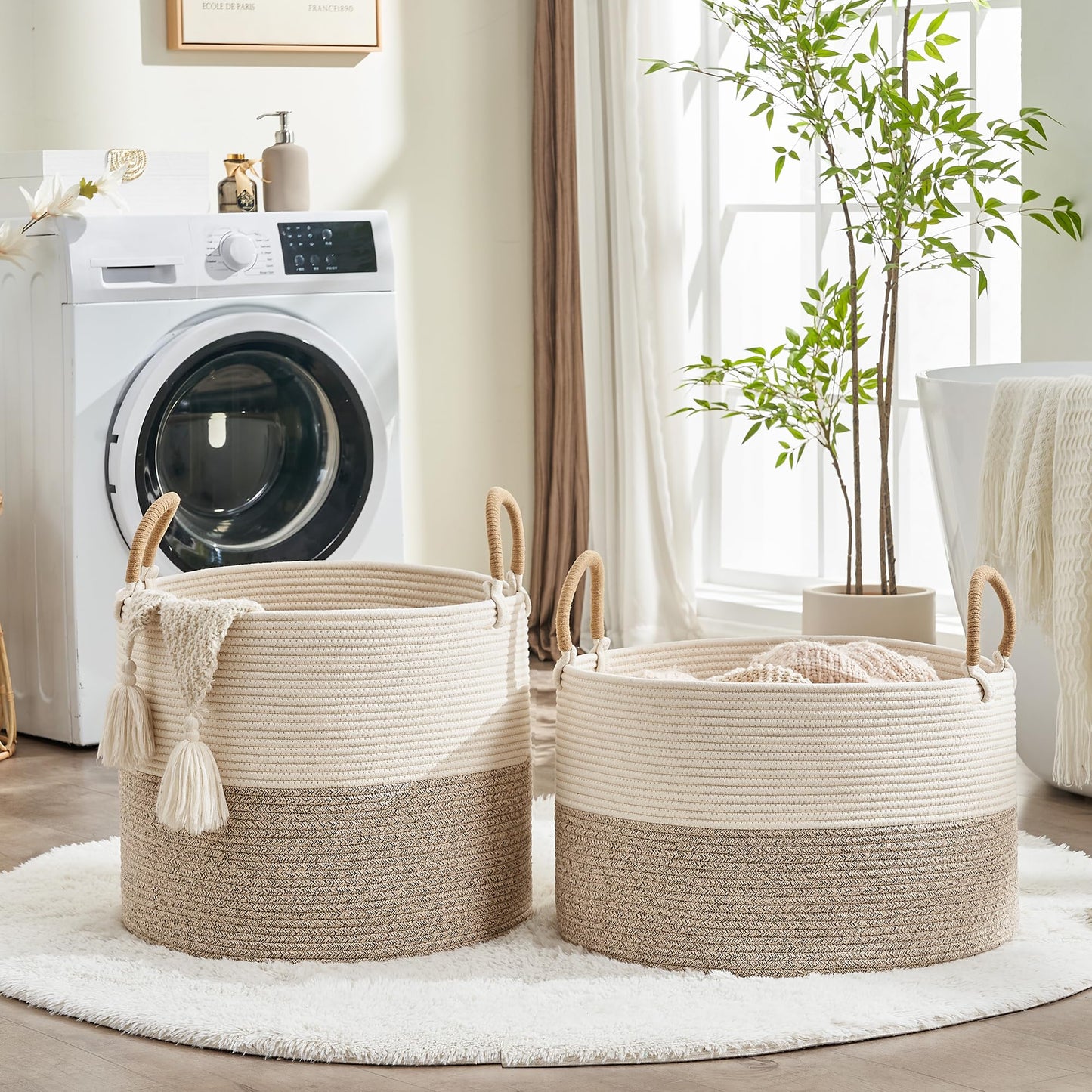 KAKAMAY Cotton Rope Storage Basket (20"x13"),Woven Hamper for Blankets,Toys,Pillows,Clothes,Laundry,Sturdy Handles Decorative Basket for Living Room, Bedroom,Nursery(Beige)