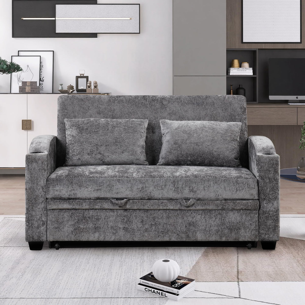 GDFStudio Pull Out Sofa Bed with USB Ports and Cup Holders, 3-Position Adjustable Backrest Chenille Loveseat, Sturdy Frame Compact Couch for Living Room Apartment Guest Bed, Gray