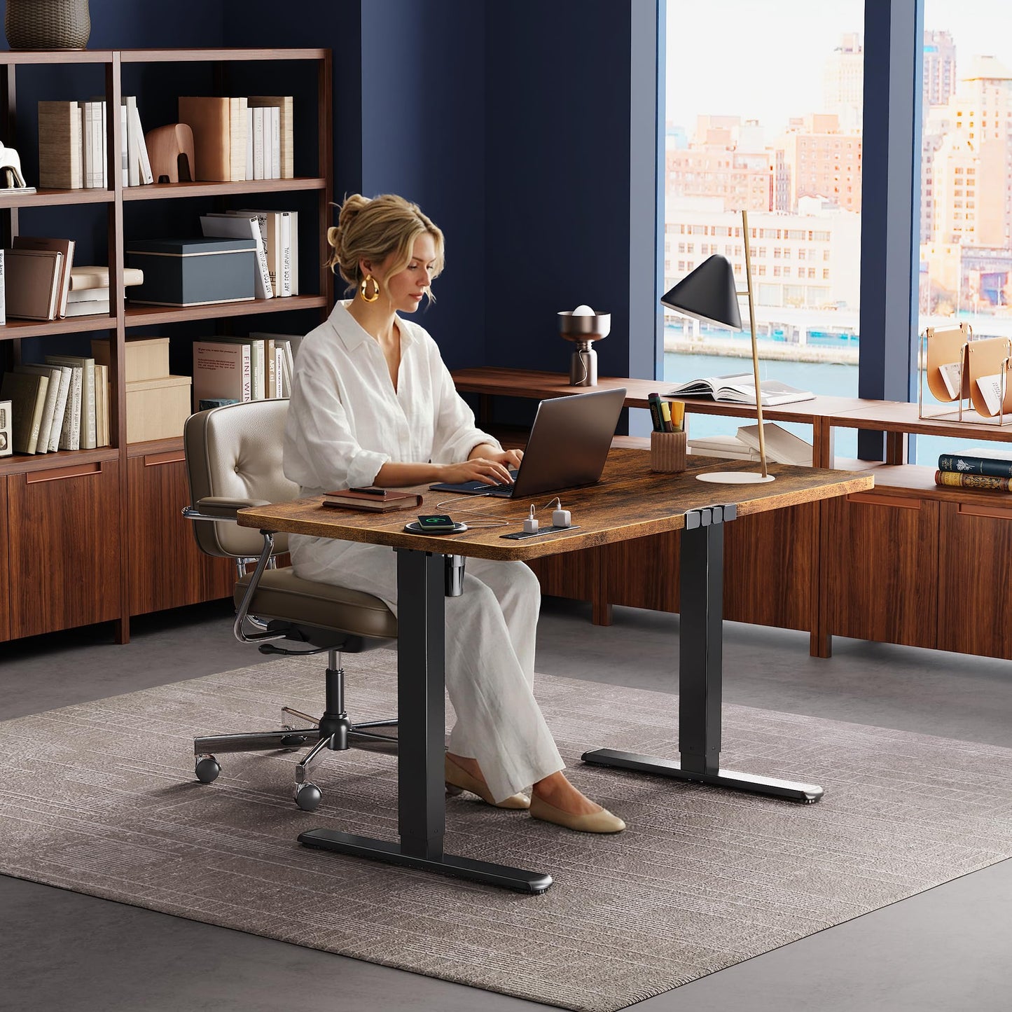 Huuger Electric Standing Desk with Power Outlets and USB-C Port, 47 X 24 Inch Height Adjustable Desk, Sit Stand Desk for Home Office, Computer & Gaming Desk with 4 Presets, Rustic Brown