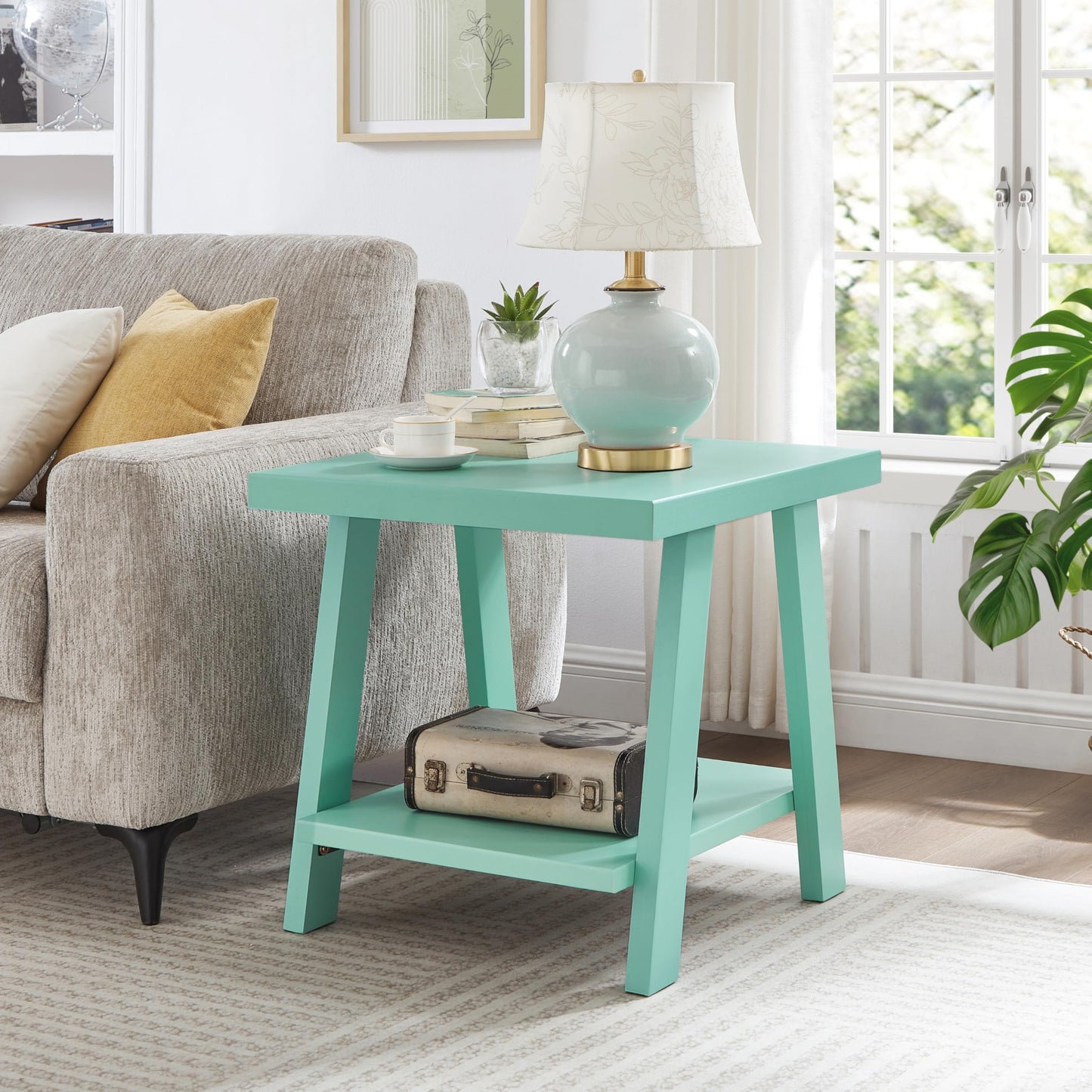Roundhill Furniture Athens Contemporary Wood Shelf End Table in Teal