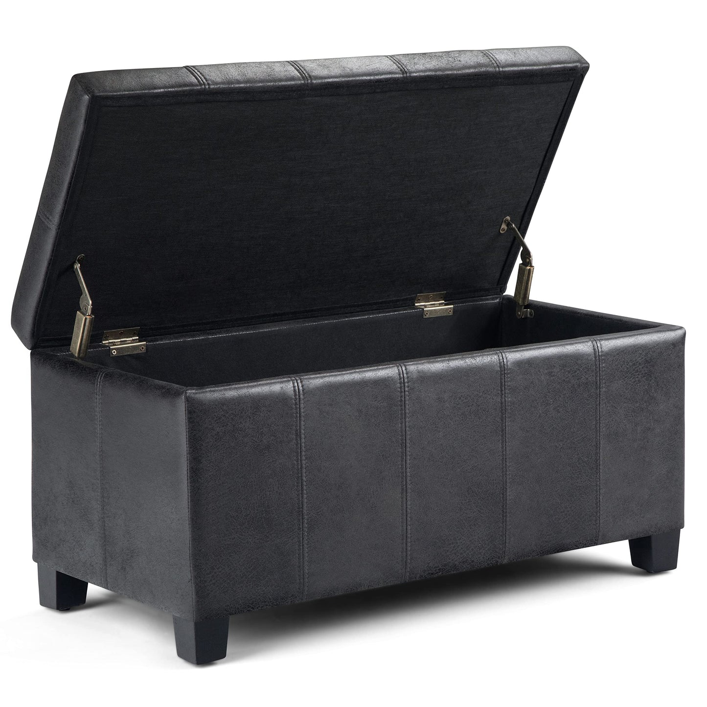 SIMPLIHOME Dover Storage Ottoman Bench - 36 inch Wide Upholstered Vegan Leather Rectangular Lift-Top Ottoman in Distressed Black, Contemporary Bench for Living Room with Safety Hinges
