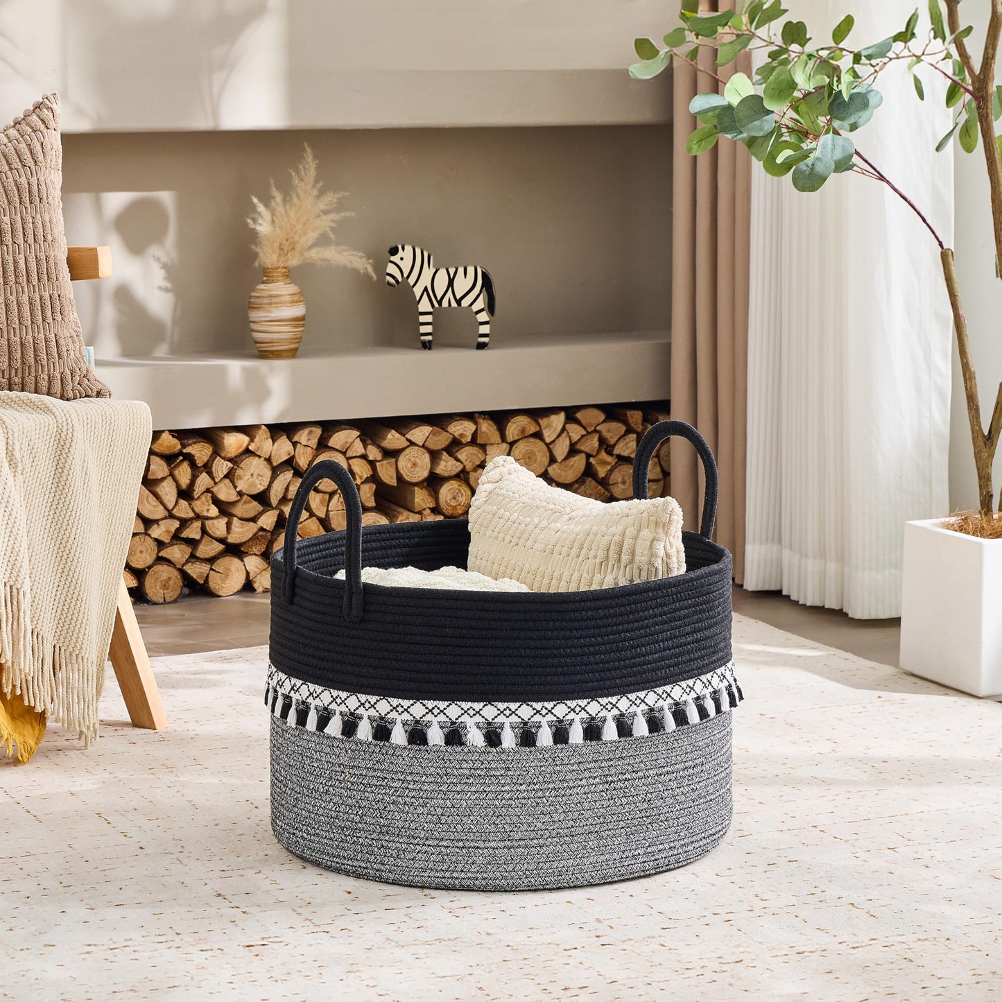 KAKAMAY Cotton Rope Storage Basket (20"x13"),Woven Hamper for Blankets,Toys,Pillows,Clothes,Laundry,Sturdy Handles Decorative Basket for Living Room, Bedroom,Nursery(Black Printing)