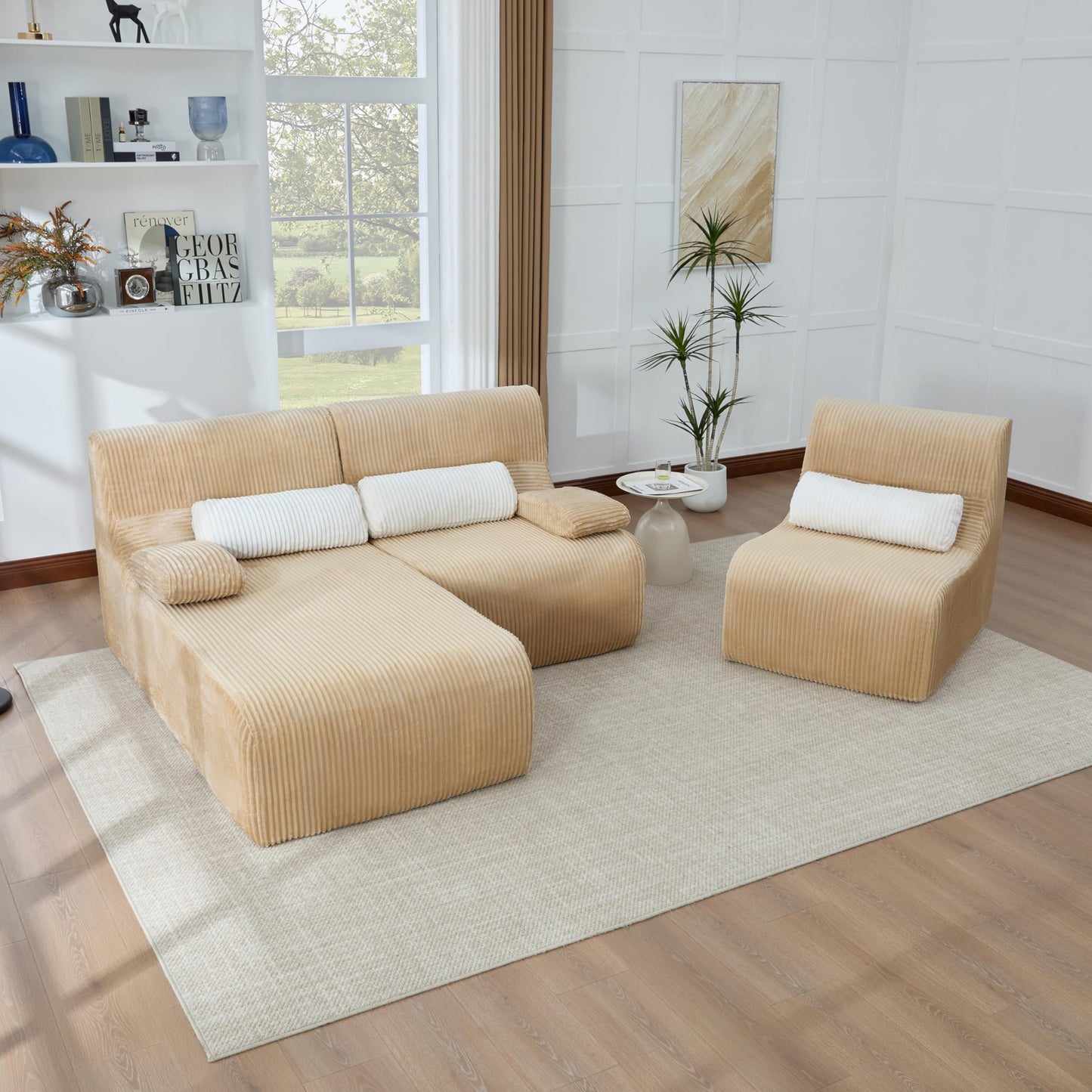 Merax Modern 98 Inch L-Shaped Convertible Sofa with Chaise and Pillows, Boneless 3-Seat Sectional Sofa Couch with Ergonomic Curved Seat & Backrest, Couch Set for Living Room, Coffee