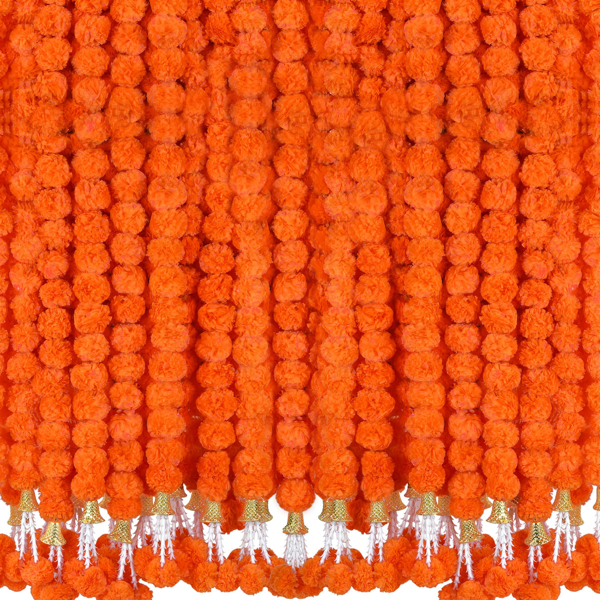 OCTERIC 6 Pcs 5 Ft Artificial Marigold Flowers Garland, Dia de Los Muertos Faux Garlands Diwali Decoration with Pendant Bell for Indian American Wedding Party Mantle Decor (Dark Orange)