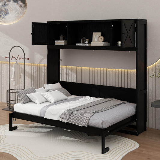 YunNianYang Full Size Black Murphy Bed with Storage Cabinets