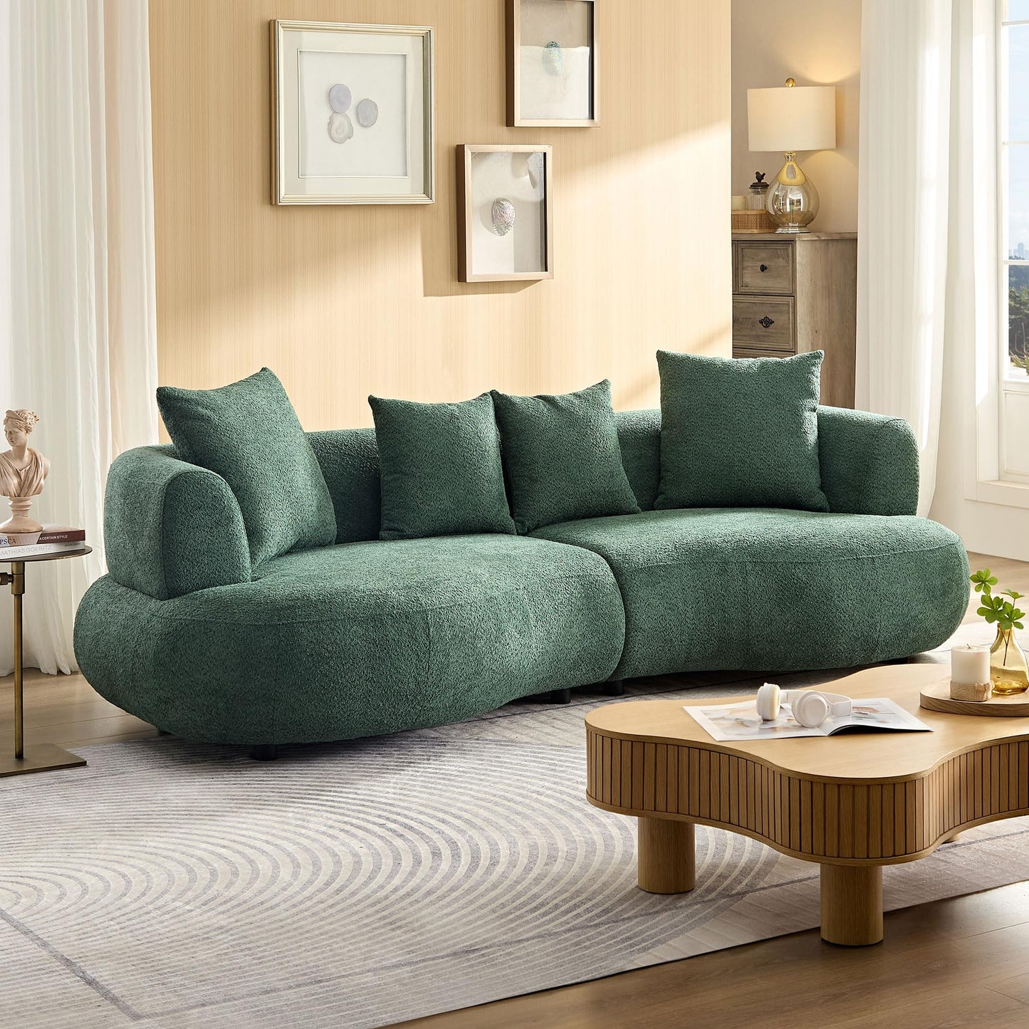 BBTJOINT Curved Bubble Sofa for Living Room, Minimalist deep sette,Curve loveseat, Boucle Fabric Upholstery, 103'' Sectional Couch,Green