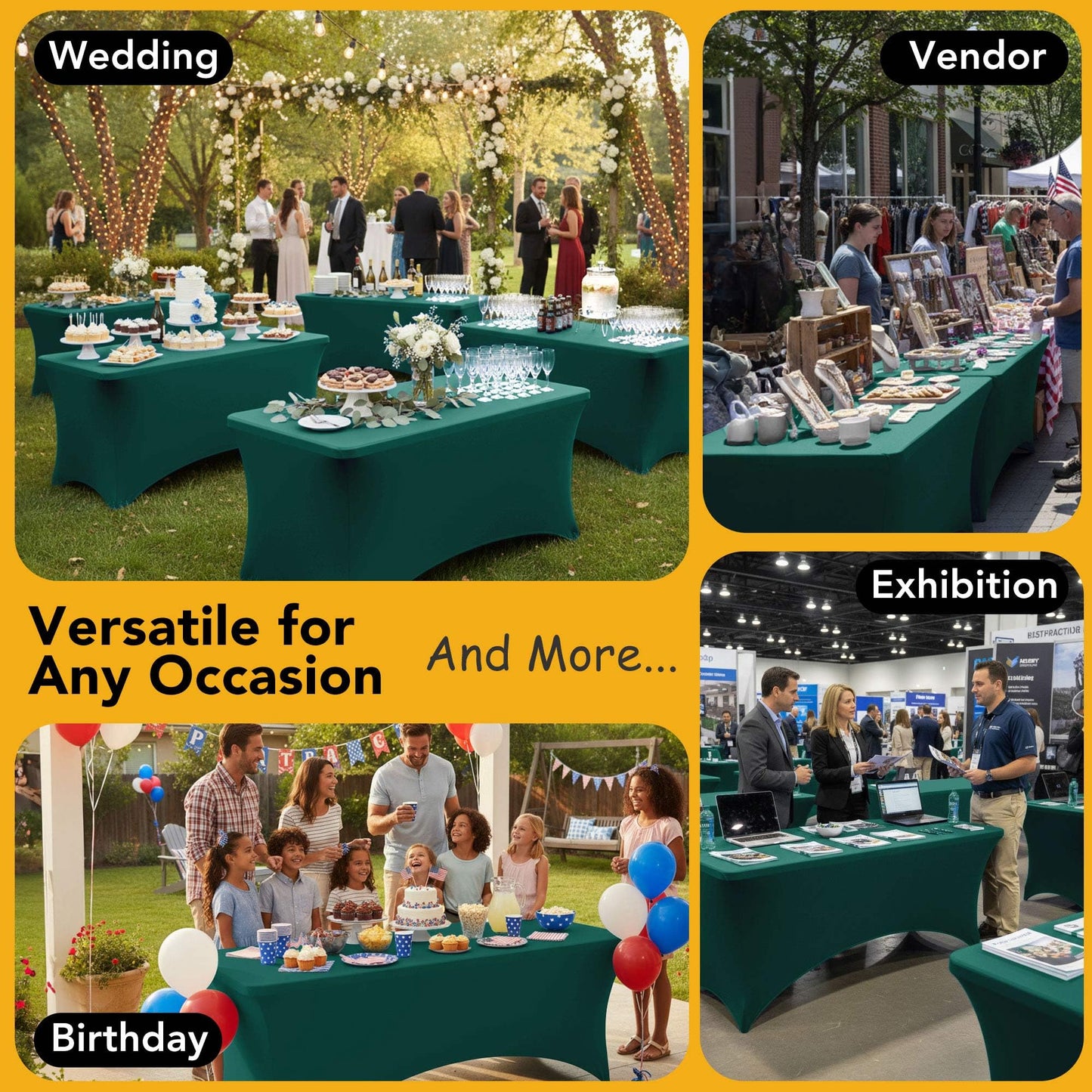 Dailyset 6-Pack Premium Hunter Green Spandex Tablecloths for 6ft Rectangle Tables, Stain & Wrinkle-Resistant, Washable Stretch Polyester Fitted Table Cover for Weddings, Banquets, Trade Shows Events
