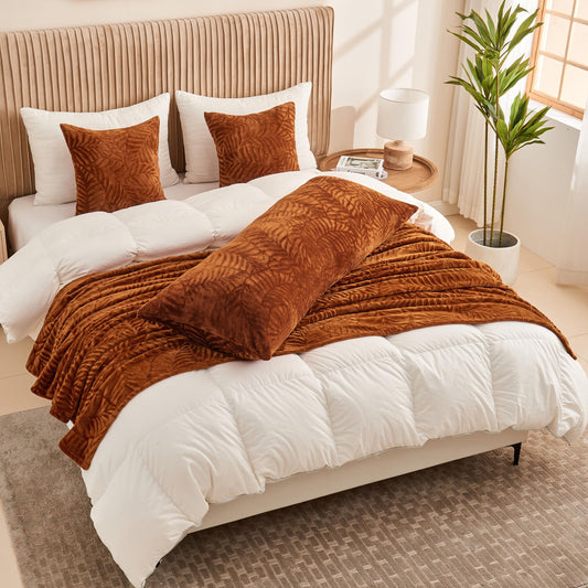 SOCHOW Leaves Textured Fleece Throw Blanket & Throw Pillow Covers & Body Pillow Cover, Caramel