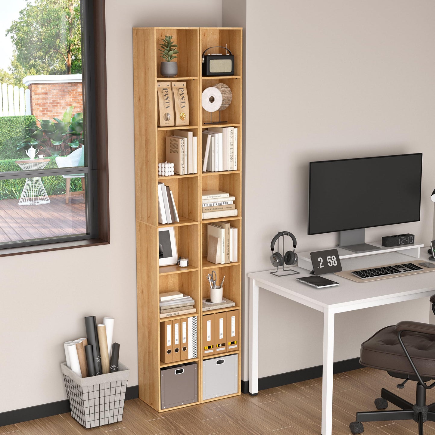 NewBeth 8-Cube Storage Organizer Bookcase, Oak Tall Narrow Bookshelf, Freestanding Open Cubby Storage Shelf, Display Cabinet for Living Room Bedroom Home Office