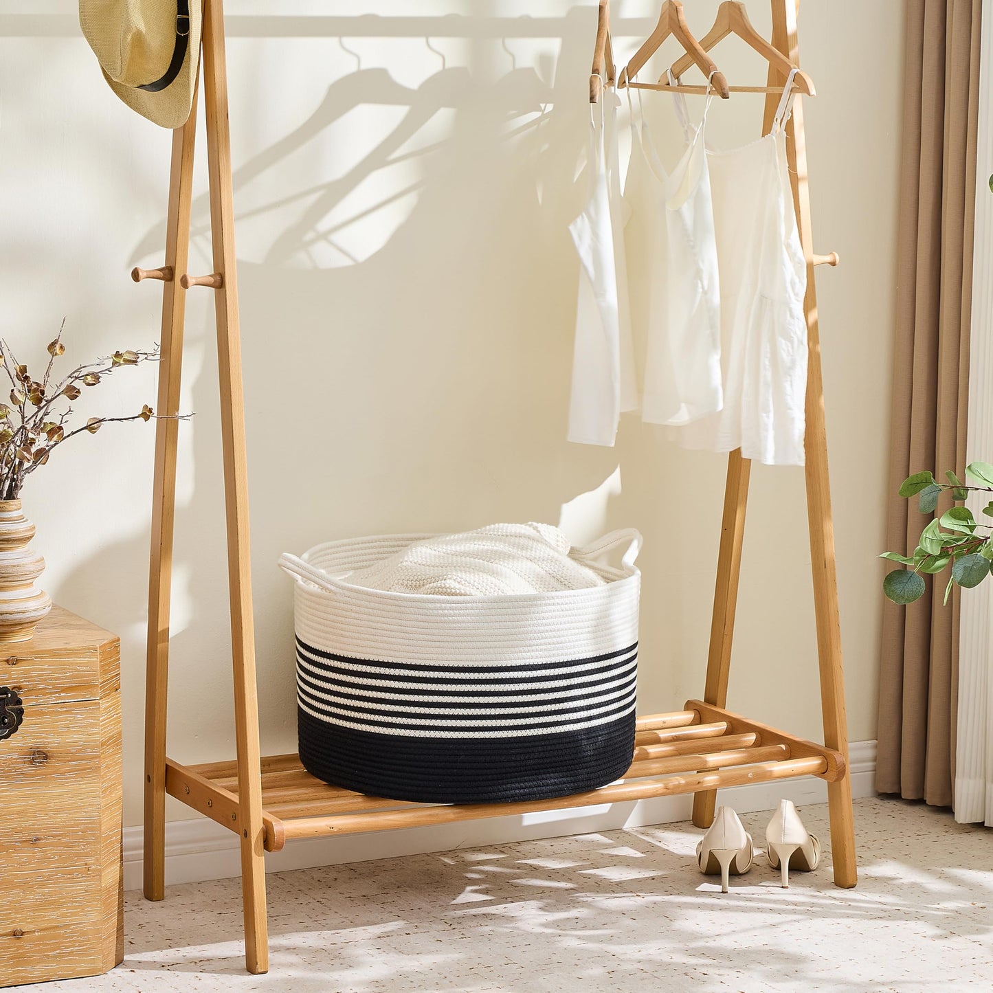 KAKAMAY Cotton Rope Storage Basket (20"x13"),Woven Hamper for Blankets,Toys,Pillows,Clothes,Laundry,Sturdy Handles Decorative Basket for Living Room, Bedroom,Nursery(Black/Black Fringe)