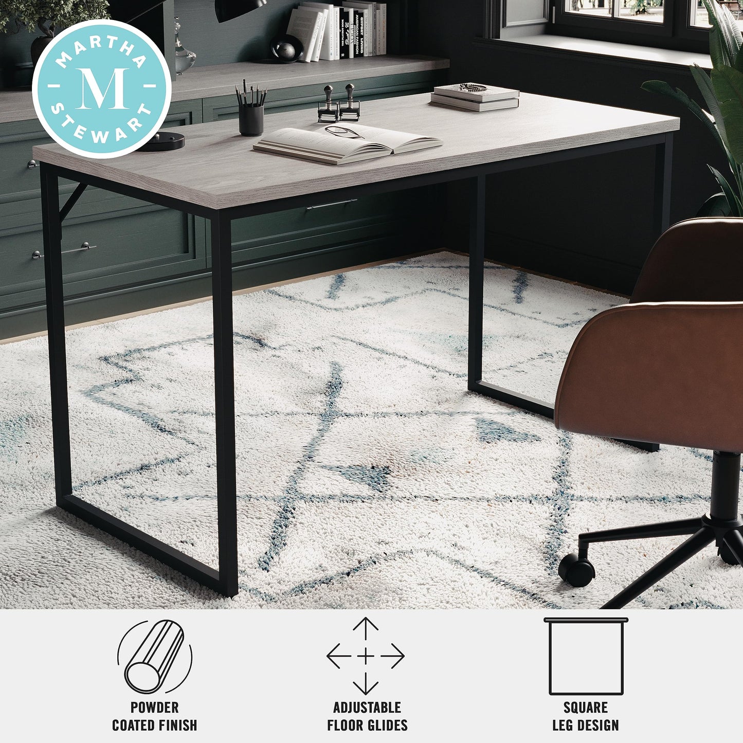 Martha Stewart Noah Home Office Parsons Desk in Gray Wood Grain with Oil Rubbed Bronze Metal Frame