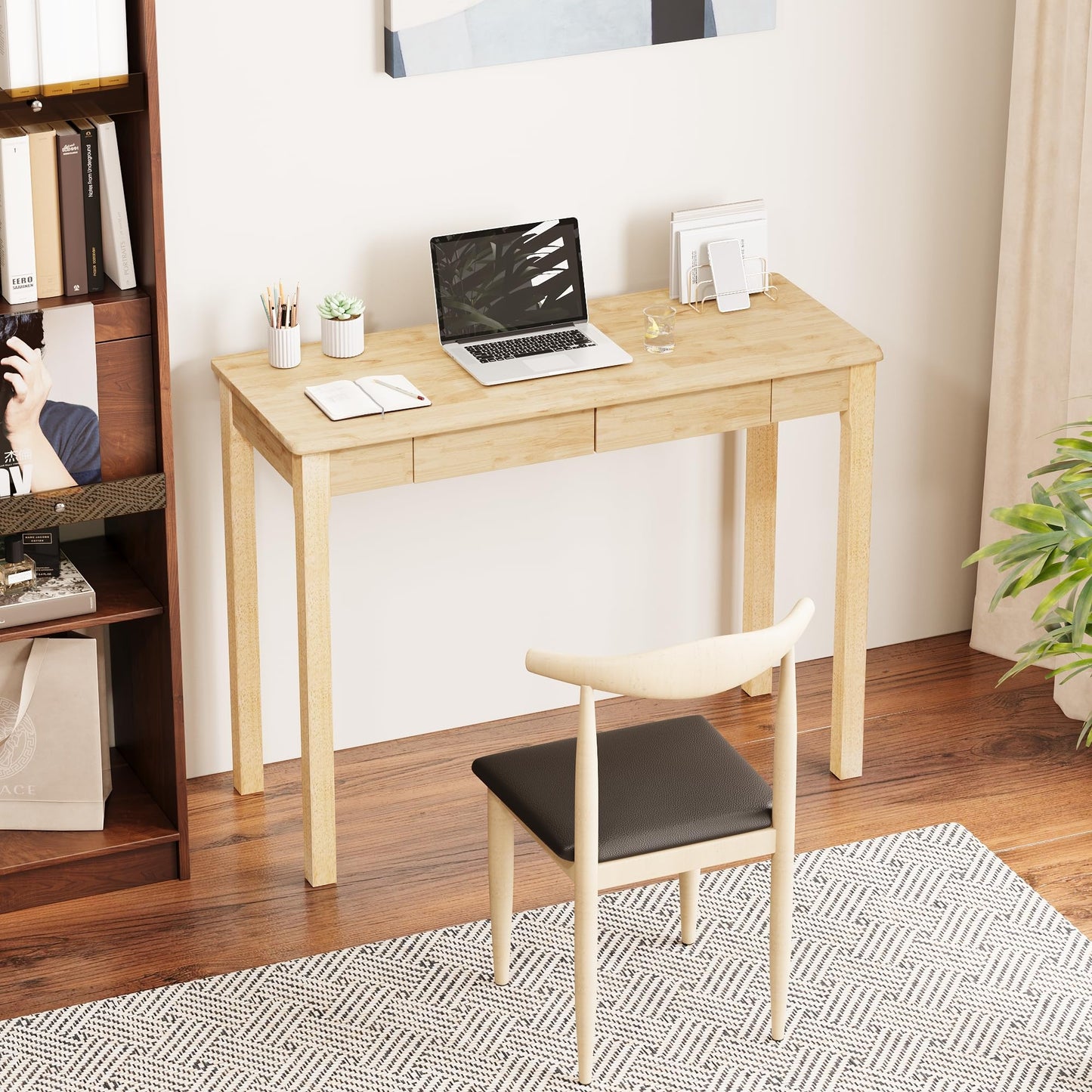 Love-KNPTUS Solid Wood Desk with Drawers - 39" Narrow Desks for Small Spaces, Mid Century Modern Desks, Small Wooden Vintage Computer Writing Desk, Study Table for Home Office Bedroom, Natural