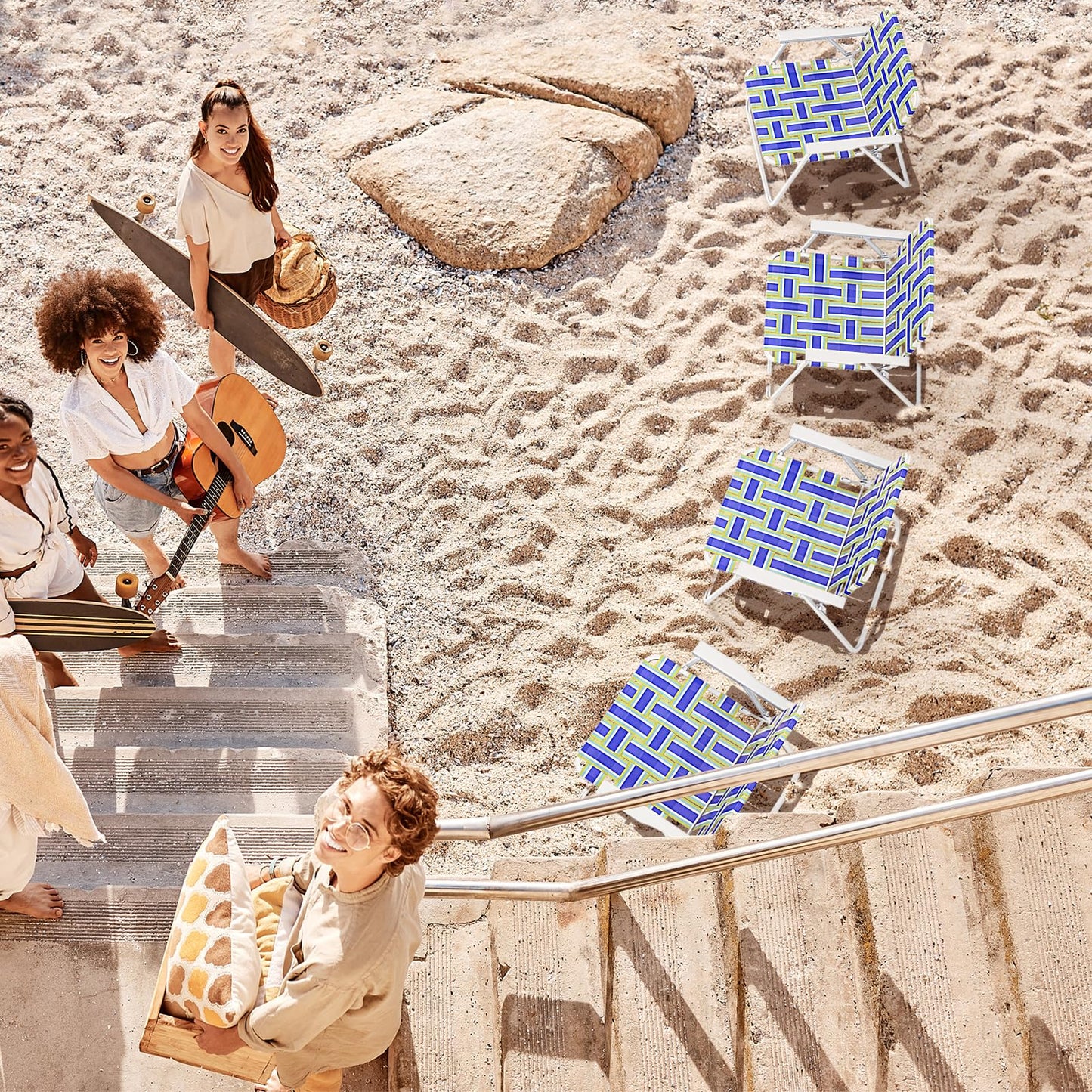 Giantex Beach Chairs Set of 6, Patio Folding Lawn Chairs for Adults, Outdoor Webbing Chair w/Steel Frame, Lightweight & Portable Camping Chairs for Fishing, Yard, Garden, Poolside Webbed Chairs, Blue