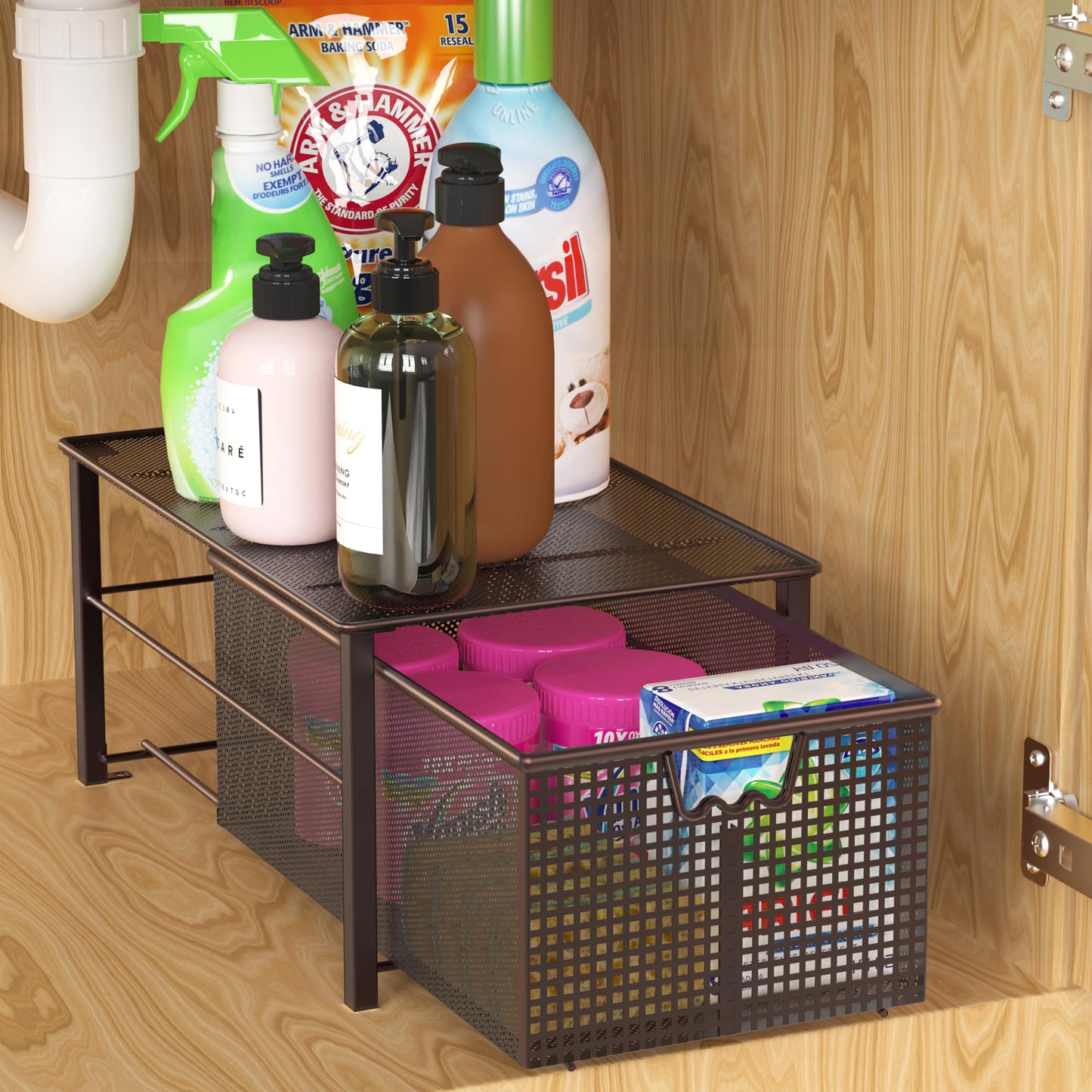Deco Brothers Stackable Pull Out Cabinet Sliding Basket with Dividers, Large, Bronze